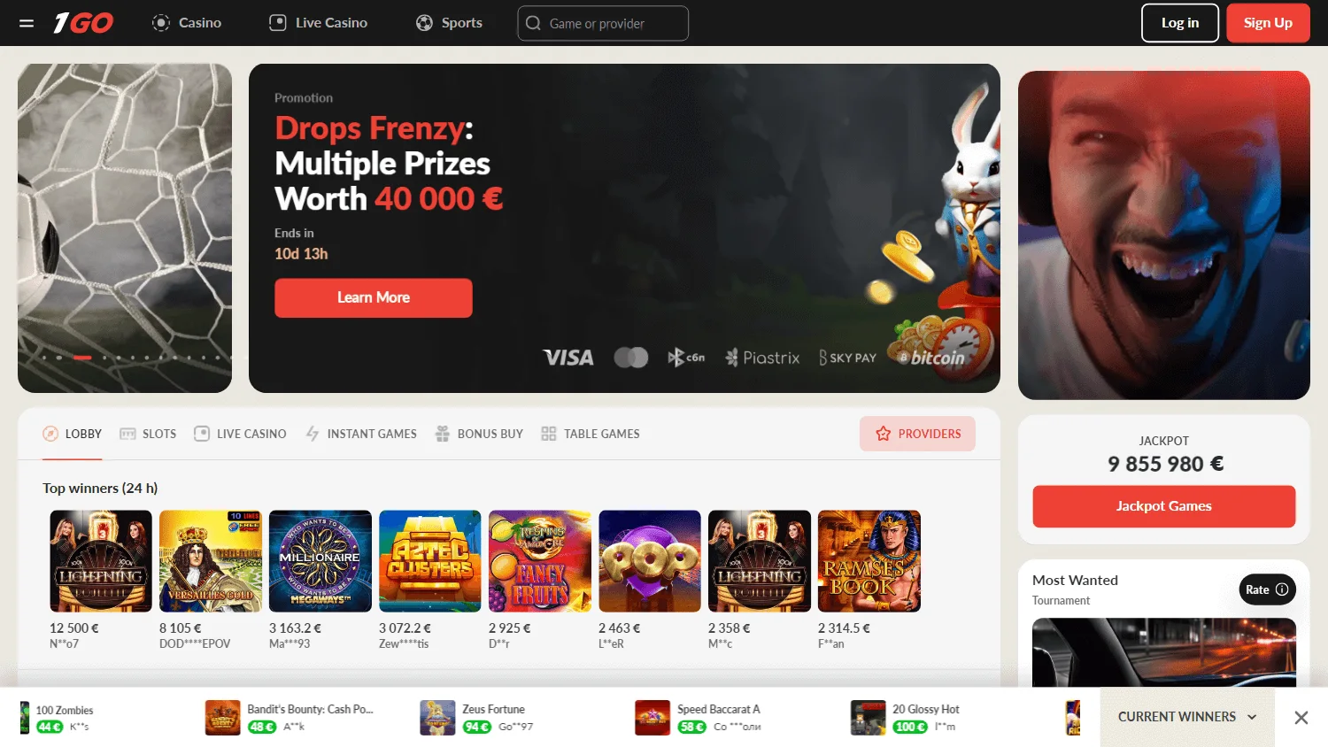 1go Casino desktop home interface with casino and sportsbook access