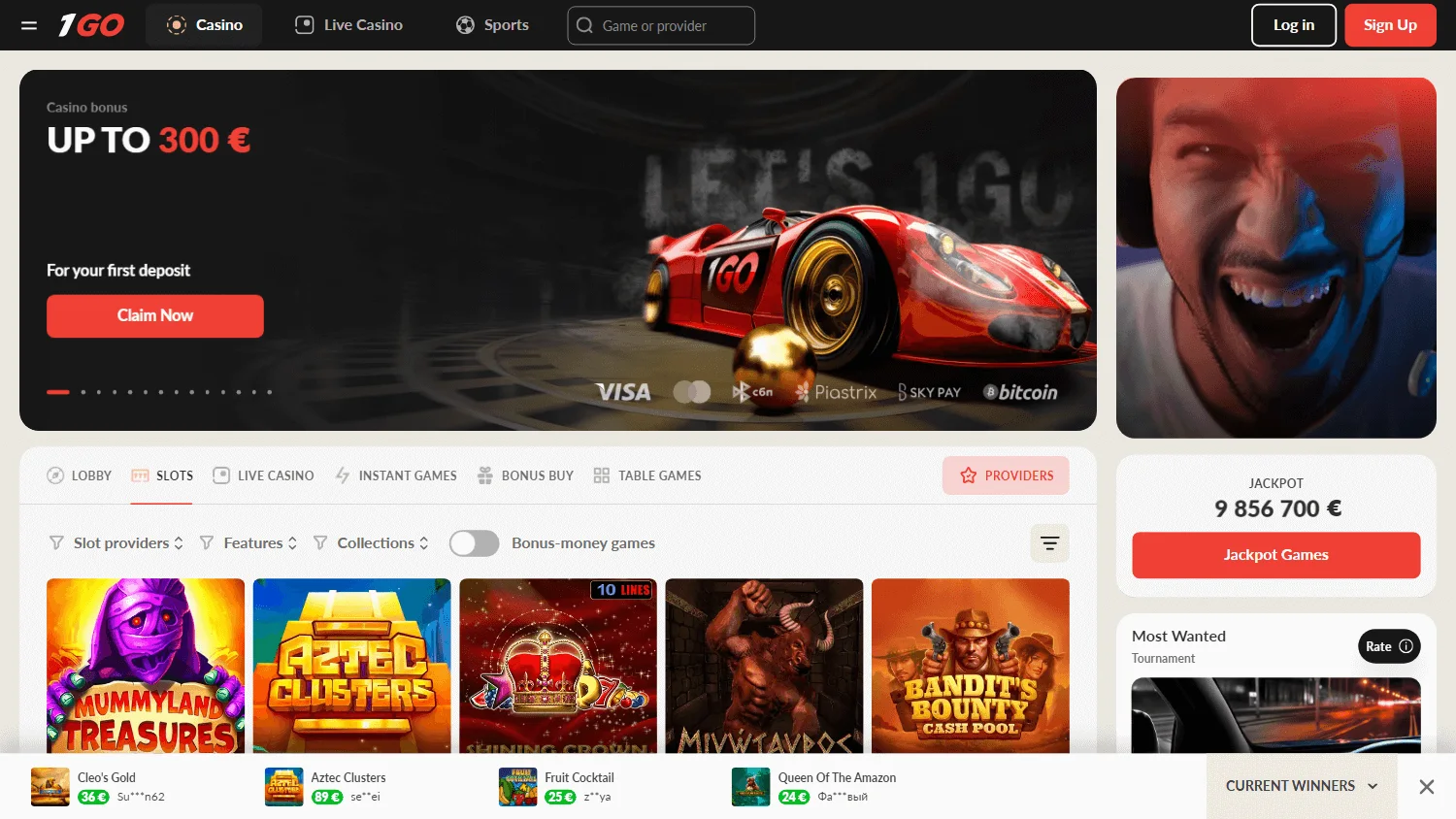 1go Casino desktop promotions area with bonuses and free spins