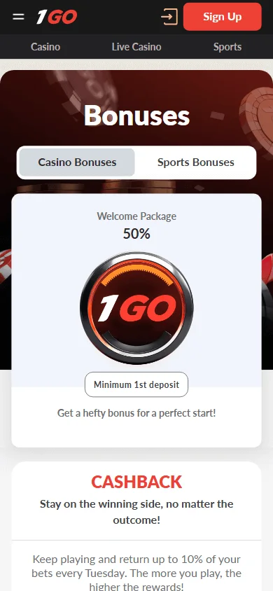 1go Casino mobile promotions area with bonus offers