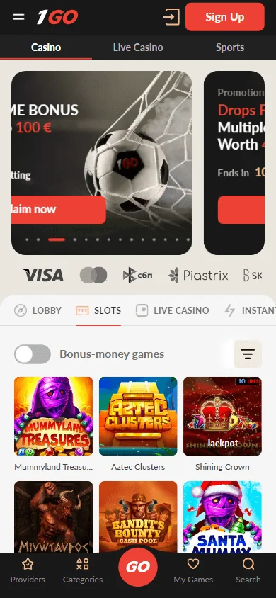 1go Casino mobile games interface with casino titles